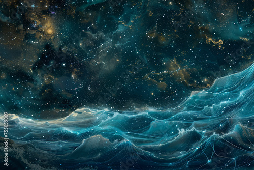 A celestial tide--waves of stardust and comet trails sweep across the canvas. Abstract constellations form--Orion, Cassiopeia, and the Milky Way.