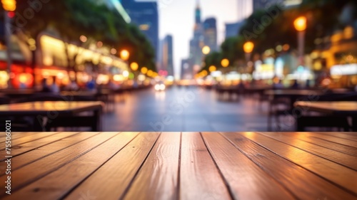 The empty wooden table top with blur background of street in downtown business district with people walking. Exuberant image. generative AI