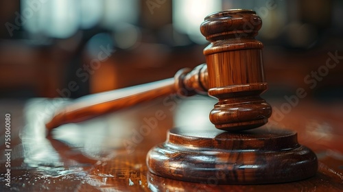 Gavel on Wooden Table in Tilt-Shift Style, To convey a sense of focus and importance in a legal setting through the use of a gavel and a minimalist,