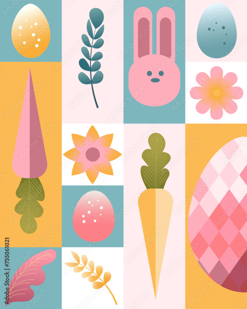Happy Easter seamless geometric patterns. Modern abstract style. Set of vector Easter illustrations. Easter eggs, bunny, flowers, carrots, gradient. Ideal for poster, cover or postcard. Happy Easter seamless geometric patterns. Modern abstract style. Set of vector Easter illustrations. Easter eggs, bunny, flowers, carrots, gradient. Ideal for poster, cover or postcard.