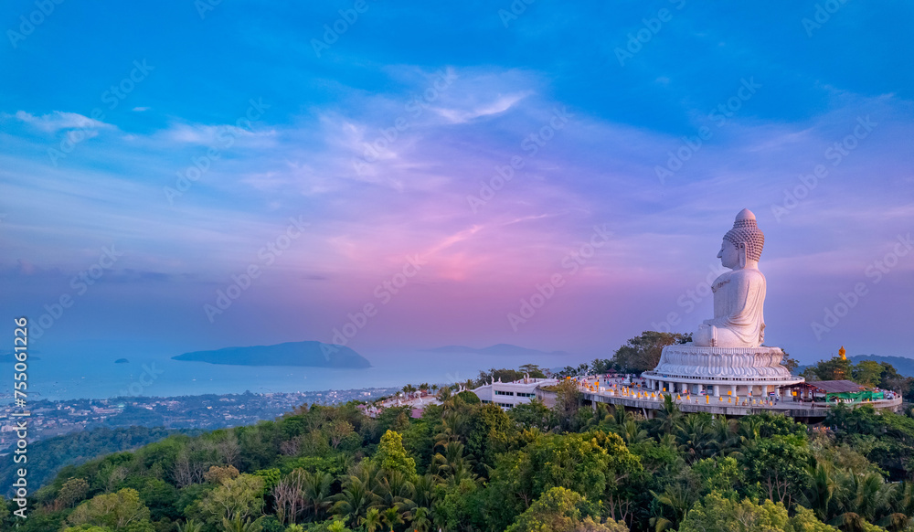 Aerial photo statue big Buddha in Phuket on sunset sky. Concept travel Thailand landmark
