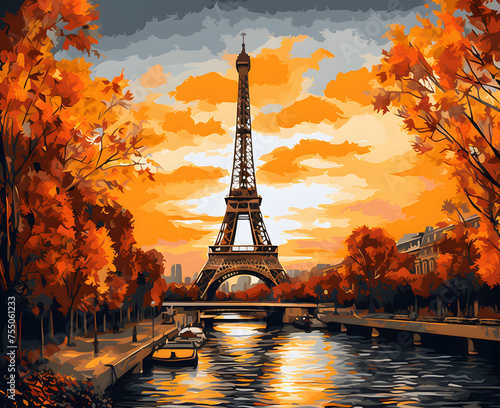 cinematic eiffel tower is seen at sunset in autumn