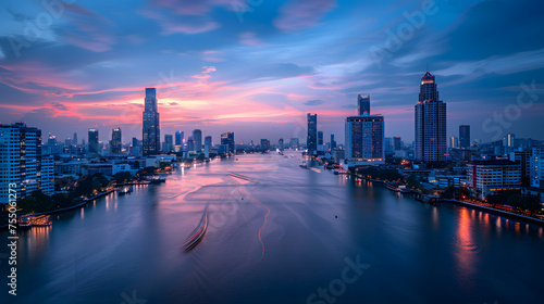 A photo of the Bangkok skyline, with the Chao Phraya River in the foreground