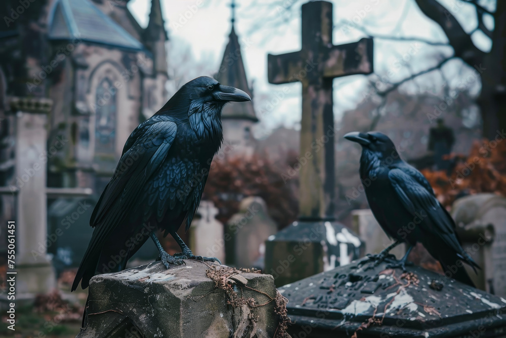 Fototapeta premium A gothic graveyard with tombstones, crosses and ravens