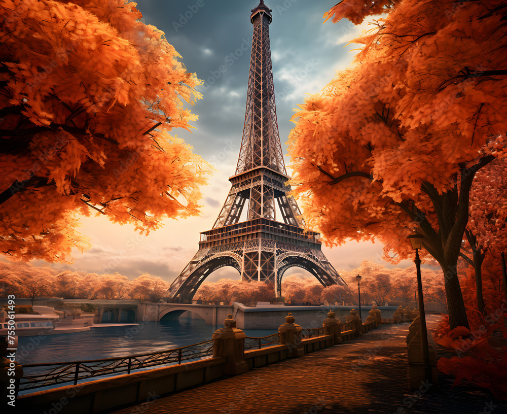 cinematic eiffel tower is seen at sunset in autumn - obrazy, fototapety, plakaty 