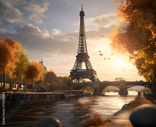 cinematic eiffel tower is seen at sunset in autumn