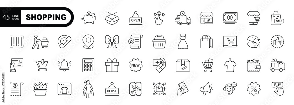 Shopping and retail line icons set. Editable stroke icons. Vector illustration.