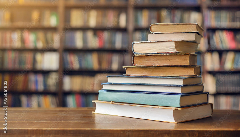 Stack of books on table with blurred library background. Stack of books on table with blurred library background.