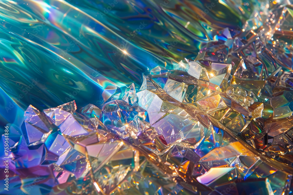 A kaleidoscopic ocean--waves of shattered glass refract sunlight. A kaleidoscopic ocean--waves of shattered glass refract sunlight.