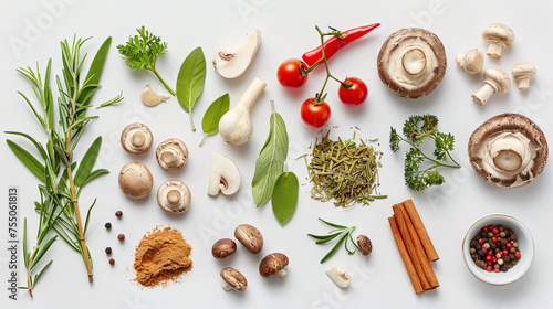 Spices, mushrooms, champignons, vegetables on an isolated background