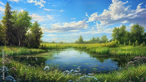 Beautiful lake summer season landscape. Greenery and cloudy sky serene fresh natural landscape