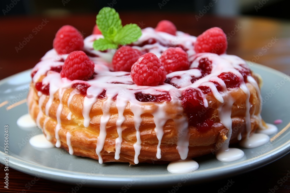 Fruity Raspberry danish bun. French pastry. Generate Ai Fruity Raspberry danish bun. French pastry. Generate Ai
