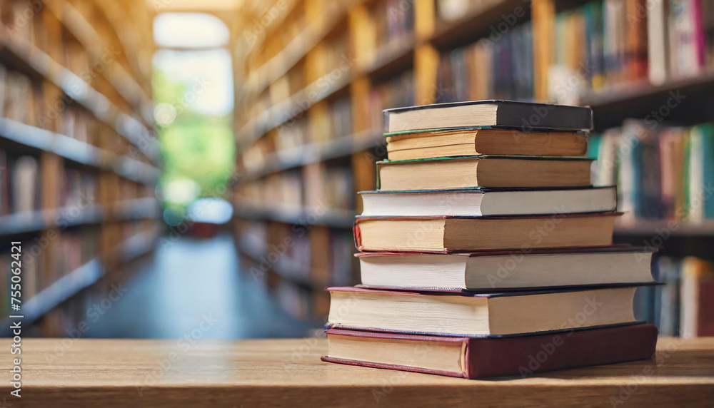 Stack of books on table with blurred library background. Stack of books on table with blurred library background.
