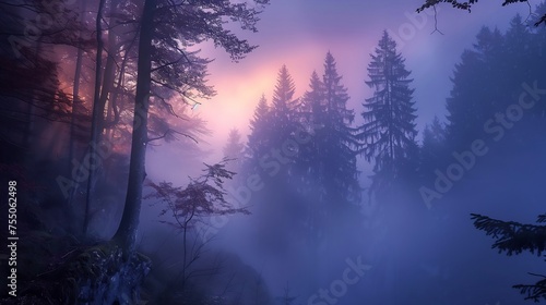 dense mysterious forest in the fog