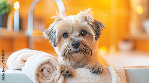 The concept of pet spa relaxation is illustrated as a dog indulges in a soothing bubble bath