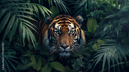 Regal Bengal tiger prowling through dense jungle