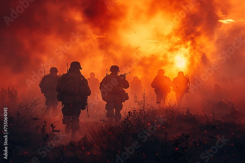Amidst the chaos of war, military troops engage in intense combat on the frontline, their determination and courage evident as they fight for their cause in the heat of battle