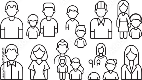 Man vector icons set and  family types structures. Editable vector stroke.