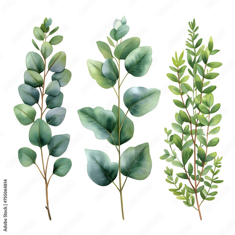Fototapeta premium Green Eucalyptus. Watercolor Eucalyptus. PNG Eucalyptus. Tropical spring floral. green leaves isolated on transparent png background, bouquets greeting or wedding card decoration