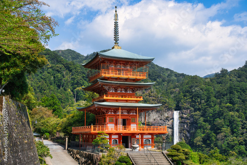 Kumano Nachi Taisha Shrine, red Pagoda and Waterfall, Wakayama, Japan
 photo
