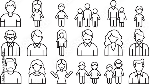 Man vector icons set and family types structures. Editable vector stroke.