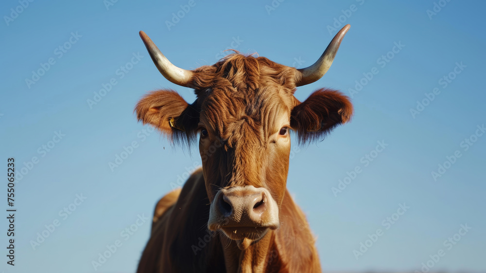 Cow, Brown Fur and Horns Against Blue Sky
