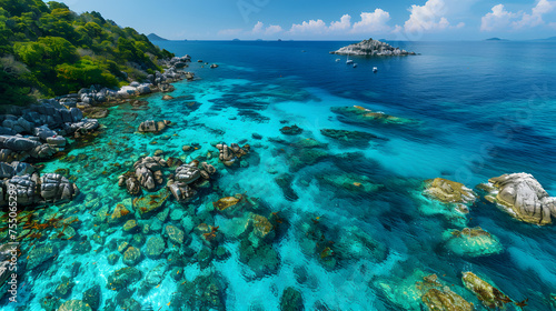 A photo of the Similan Islands, with crystal clear water and vibrant coral reefs as the background