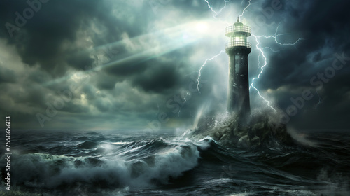 A lighthouse endures the wrath of a tempest, with waves crashing and lightning illuminating the dark stormy skies