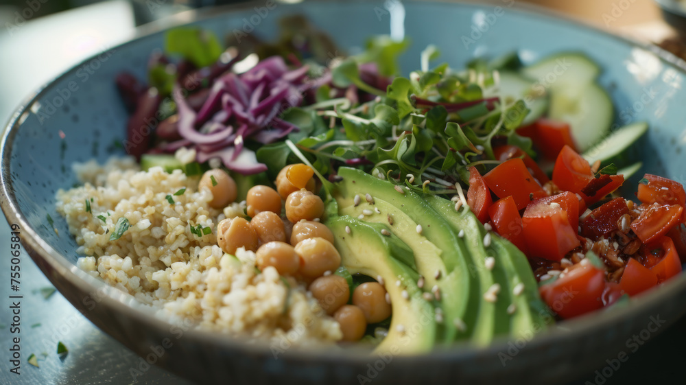 Colorful Vegan Cuisine, Close-Up of Salad Bowl with Avocado and Grains