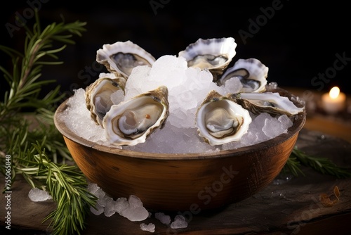 Glistening Raw oysters on ice platter. Seafood luxury delicious delicatessen plate. Generate ai