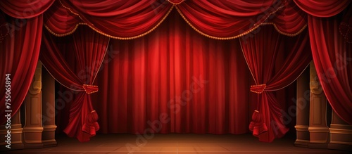 A detailed illustration of a theater stage set up with vibrant red curtains drawn back, revealing a stage light shining brightly. The atmosphere is set for a performance or event to take place.