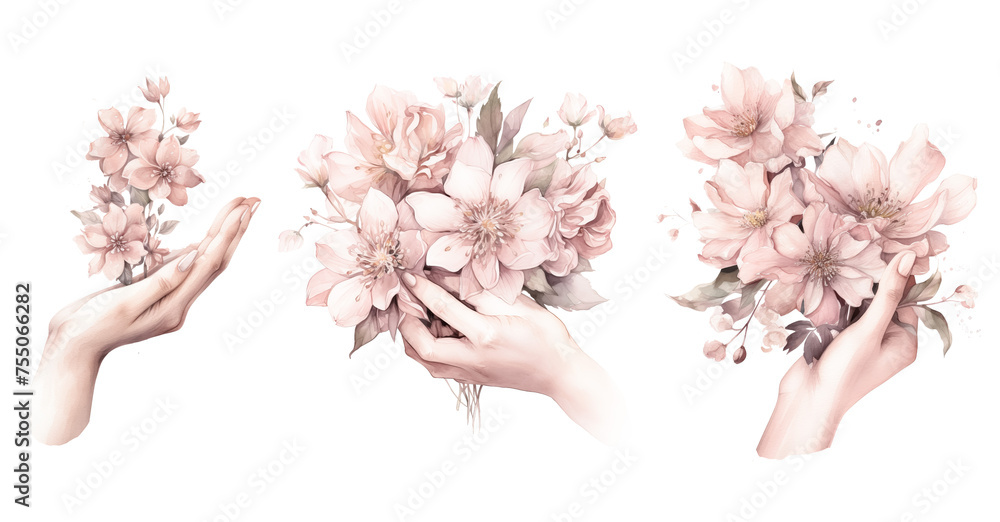 Watercolor hands holding a flower bunch - obrazy, fototapety, plakaty 