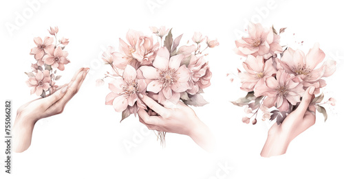 Watercolor hands holding a flower bunch #755066282