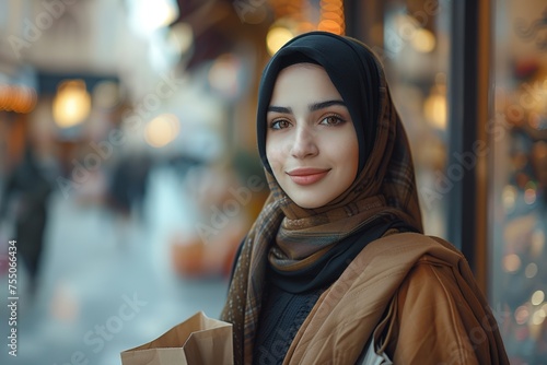 young beautiful arabic woman in hijab carrying shopping bags in main shopping street city centre