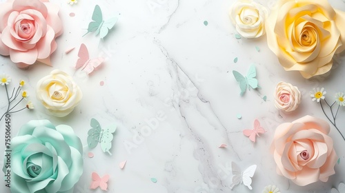 paper flowers and butterflies on white marble background