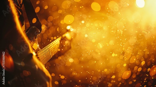 a mam playing a guitar with golden bokeh lights background