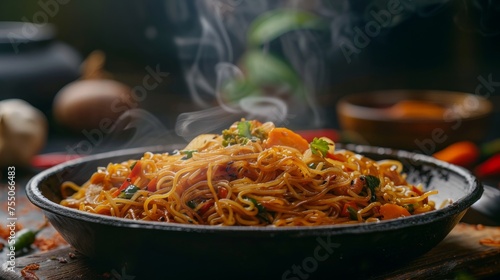 tasty hot veg chowmin in plate releasing smoke