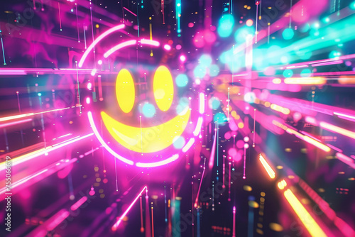 A abstract background with a lime and magenta burst, a neon effect, a emoji code, and a smiley