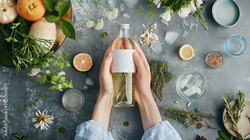 Crisp image showing a person's hands holding a clear bottle with natural ingredients strategically placed creating a botanical mood photo