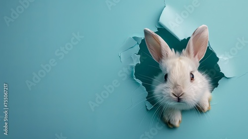 white Easter bunny peeking out of paper, blue background with space for text