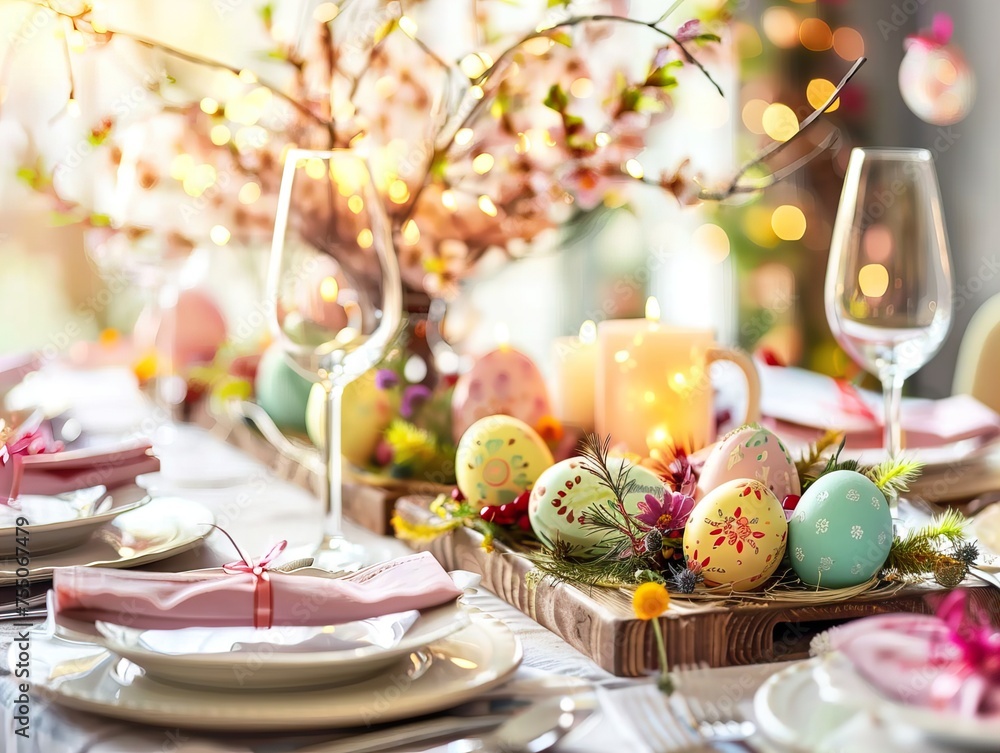 Easter table setting, springtime party table decor with flowers, eggs and beautiful details, spring festive home party decorations