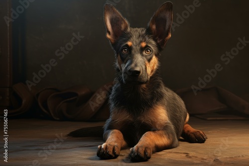 Watchful Realistic dog sitting on kitchen floor. Adorable domestic puppy dog indoor relaxing pose. Generate ai