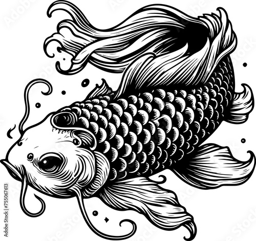Koi fish black outline vector illustration.