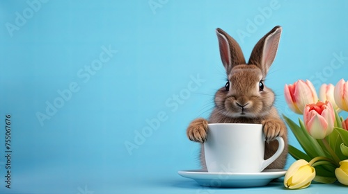 rabbit holding a mug with hot coffee on a blue background with copy space © Nastya