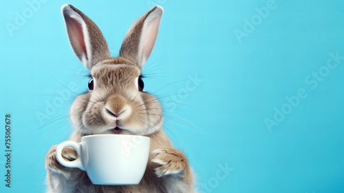 rabbit holding a mug with hot coffee on a blue background with copy space