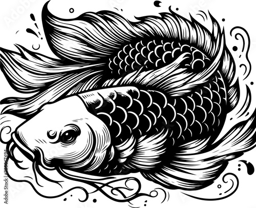 Koi fish black outline vector illustration.