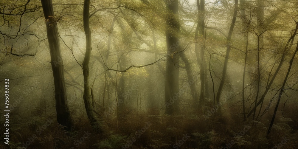 Ethereal morning mist weaves through a forest, casting soft light among the delicate greens and earthy browns of the woodland.