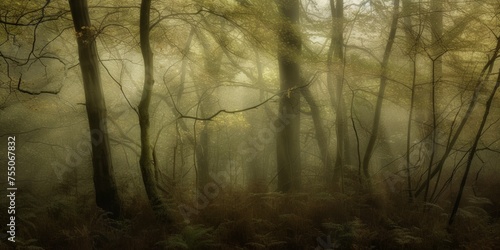 Ethereal morning mist weaves through a forest  casting soft light among the delicate greens and earthy browns of the woodland.