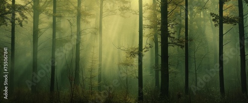 Ethereal morning mist weaves through a forest, casting soft light among the delicate greens and earthy browns of the woodland. photo