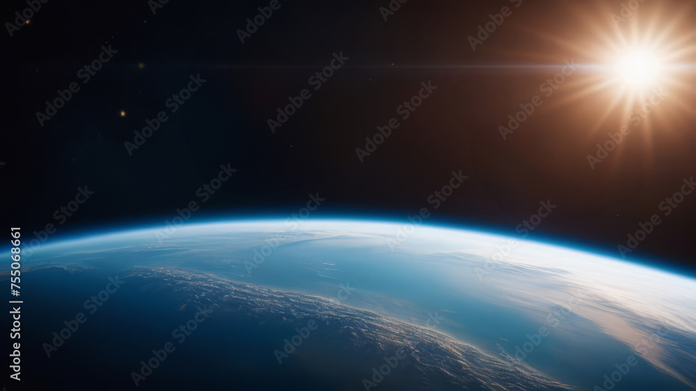 Fototapeta premium Sunrise over Earth as seen from space, a stunning view with sunburst and atmospheric glow, ideal for backgrounds and space themes
